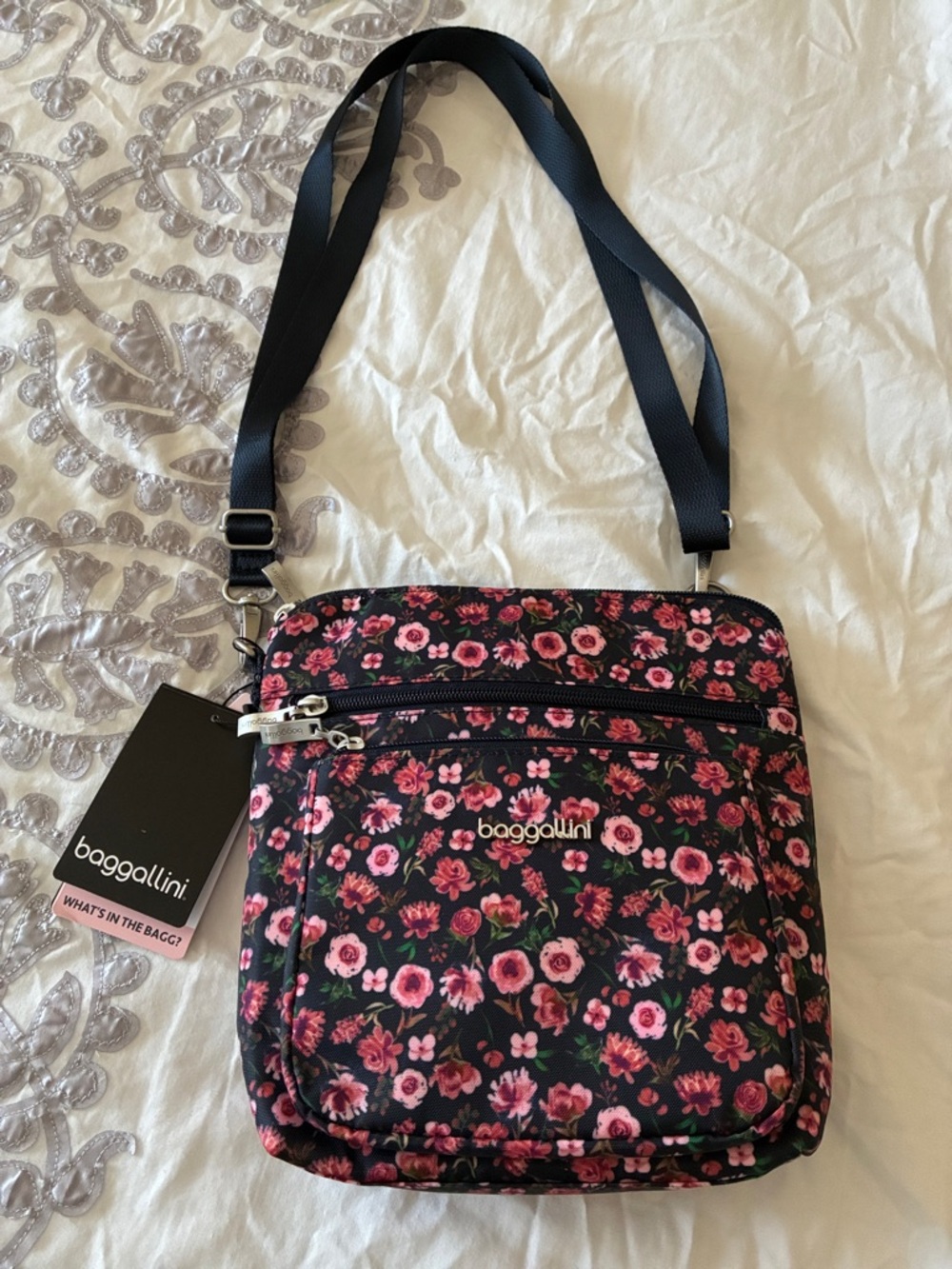 baggallini Black with Pink Floral Crossbody Bag